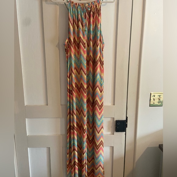 TACERA Maxi Dress XL Chevron Orange/yellow/teal/brown Spaghetti Straps w/tie - Picture 2 of 9